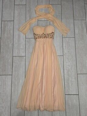 JOVANI Peach Pink Chiffon Strapless Beaded Prom Formal Evening Gown w/ Scarf